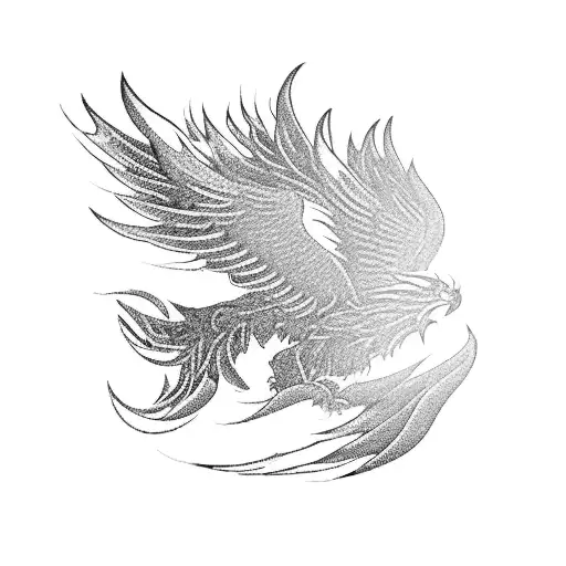 a powerful phoenix emerging from vibrant flames, its wings unfurled as it rises. The flames around the phoenix could be  tattoo design idea