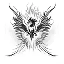 a powerful phoenix emerging from vibrant flames, its wings unfurled as it rises. The flames around the phoenix could be  tattoo design idea