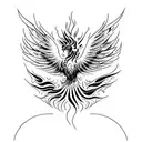 a powerful phoenix emerging from vibrant flames, its wings unfurled as it rises. The flames around the phoenix could be  tattoo design idea