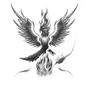 a powerful phoenix emerging from vibrant flames, its wings unfurled as it rises. The flames around the phoenix could be  tattoo design idea