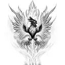 a powerful phoenix emerging from vibrant flames, its wings unfurled as it rises. The flames around the phoenix could be  tattoo design idea