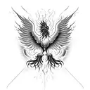 a powerful phoenix emerging from vibrant flames, its wings unfurled as it rises. The flames around the phoenix could be  tattoo design idea