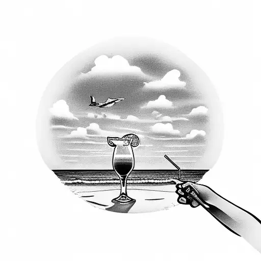A majestic beach landscape with a silhouette of a bartender mixing cocktails tattoo design idea