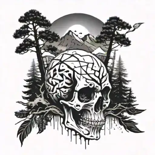 An abstract tattoo design of a skull integrated into a mountain landscape, with pine trees and feathers scattered around, in blackwork style tattoo design idea