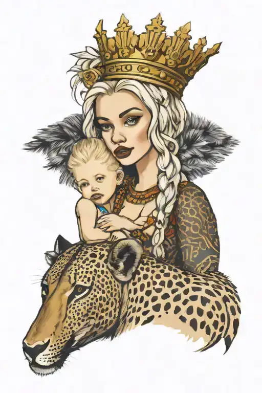 bared white blonde girl snuggles african king with crown tattoo design idea