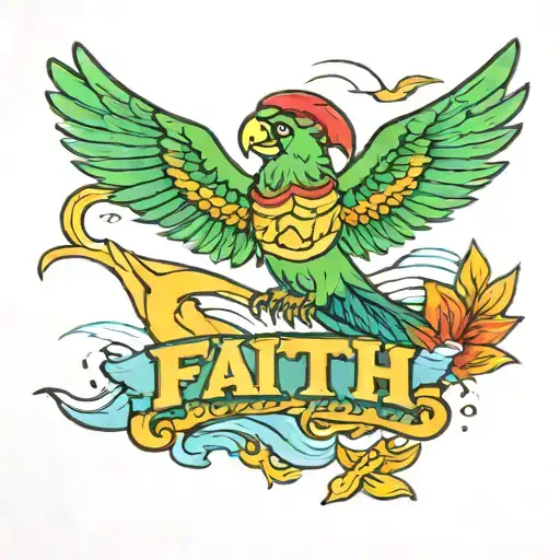 A new-school design of a Puerto Rican parrot flying over a beach with the word 'faith' incorporated into the design tattoo design idea