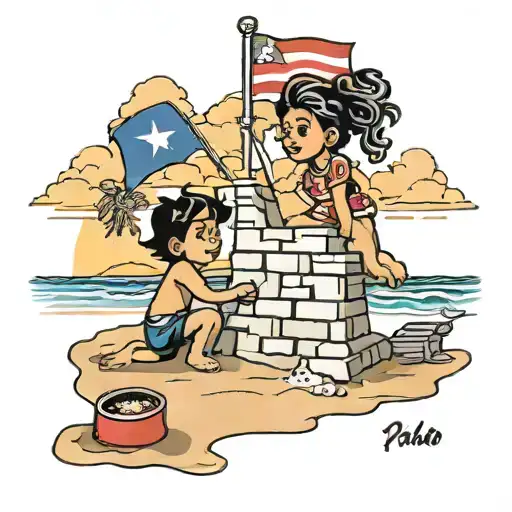 A traditional tattoo design of children building sandcastles on the beach at sunset, with the Puerto Rico flag displayed proudly in the sky tattoo design idea