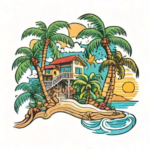 A tattoo design featuring a vibrant and colorful scene of Puerto Rico's beautiful beaches and palm trees, with Gabriel, Emmanuel, Elijah, and Jesus subtly integrated into the landscape tattoo design idea
