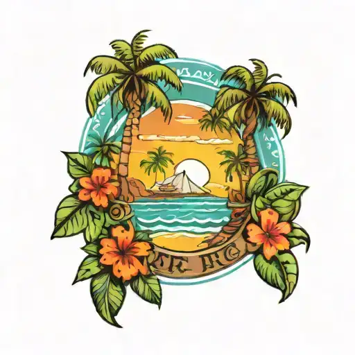 A tattoo design featuring a vibrant and colorful scene of Puerto Rico's beautiful beaches and palm trees, with Gabriel, Emmanuel, Elijah, and Jesus subtly integrated into the landscape tattoo design idea