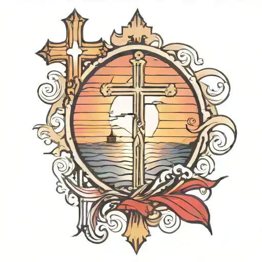An artistic interpretation of a sunset over the ocean with a Christian cross in the foreground and Puerto Rican flag  tattoo design idea