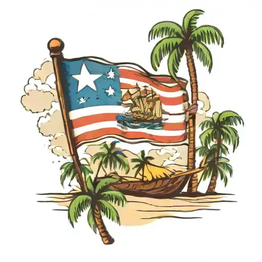 A tattoo design featuring a vibrant and colorful scene of Puerto Rico's flag, beautiful beaches and palm trees tattoo design idea