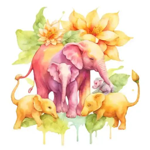 four baby elephants holding a water lily, violet, marigold, and carnation. tattoo design idea