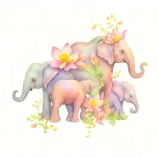 four baby elephants holding a water lily, violet, marigold, and carnation. tattoo design idea