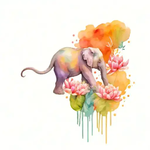 four baby elephants holding a water lily, violet, marigold, and carnation. tattoo design idea