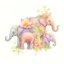four baby elephants holding a water lily, violet, marigold, and carnation. tattoo design idea