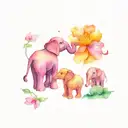 four baby elephants holding a water lily, violet, marigold, and carnation. tattoo design idea