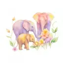 four baby elephants holding a water lily, violet, marigold, and carnation. tattoo design idea