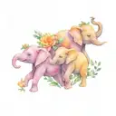 four baby elephants holding a water lily, violet, marigold, and carnation. tattoo design idea