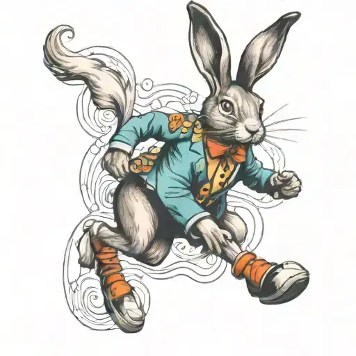 hare running with clown shoes and clown collar  tattoo design idea