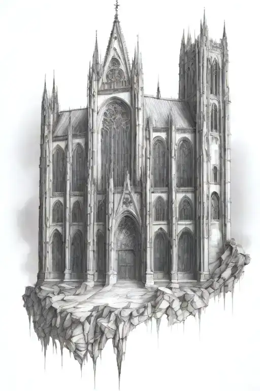 gothic cathedral with many peaks and heads tattoo design idea