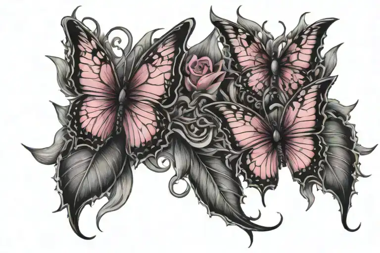 gothic shapes with pink thorns and butterflies tattoo design idea