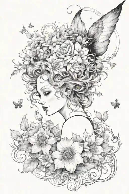 black and white tatto, floral, aniamalistic, astronomy. has to remind of old fairy tale illustrations  tattoo design idea