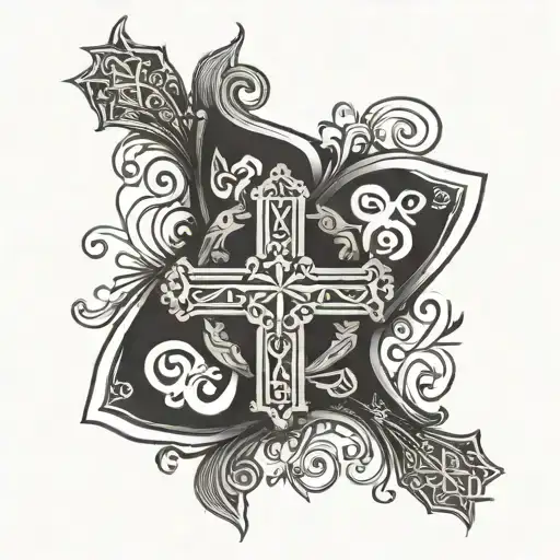 A tattoo design of a cross adorned with intricate patterns and symbols of faith, love, and peace, with subtle references to the client's family and heritage tattoo design idea