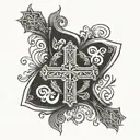 A tattoo design of a cross adorned with intricate patterns and symbols of faith, love, and peace, with subtle references to the client's family and heritage tattoo design idea