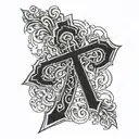 A tattoo design of a cross adorned with intricate patterns and symbols of faith, love, and peace, with subtle references to the client's family and heritage tattoo design idea