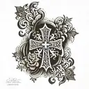A tattoo design of a cross adorned with intricate patterns and symbols of faith, love, and peace, with subtle references to the client's family and heritage tattoo design idea