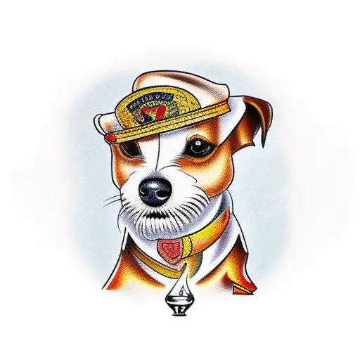 Traditional style tattoo of a jack russel serving drinks at a bar tattoo design idea