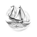 a circula tatto. witha large frothy wave on the left . a small sailing boat with small bird flying above the left wave tattoo design idea