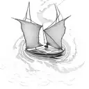 a circula tatto. witha large frothy wave on the left . a small sailing boat with small bird flying above the left wave tattoo design idea