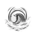 a circula tatto. witha large frothy wave on the left . a small sailing boat with small bird flying above the left wave tattoo design idea