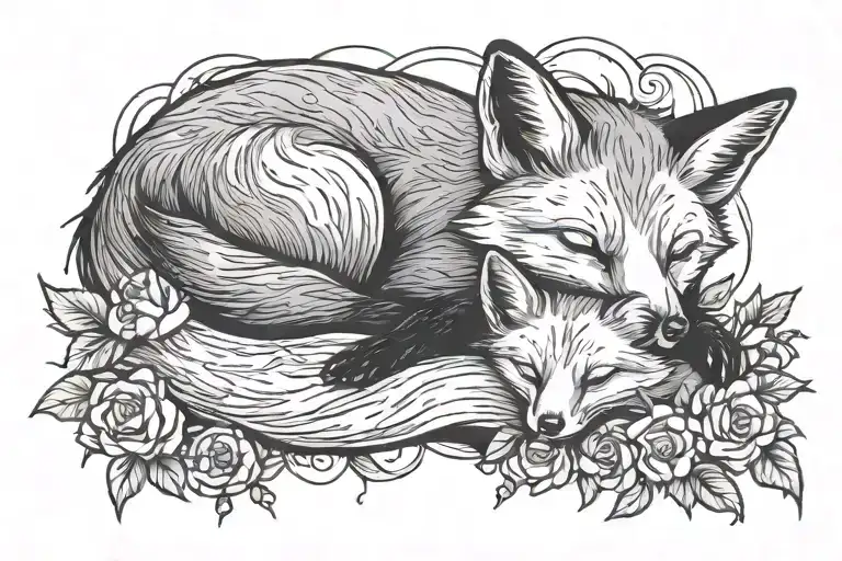 sleeping fox with fox cub black and white tattoo tattoo design idea