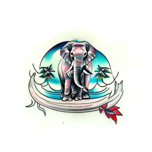 elephants and coconut tree tattoo design idea