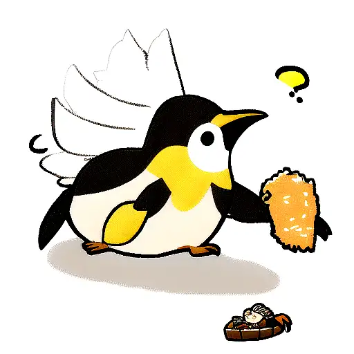 cartoon emperor penguin with fried chicken wings as flippers tattoo design idea