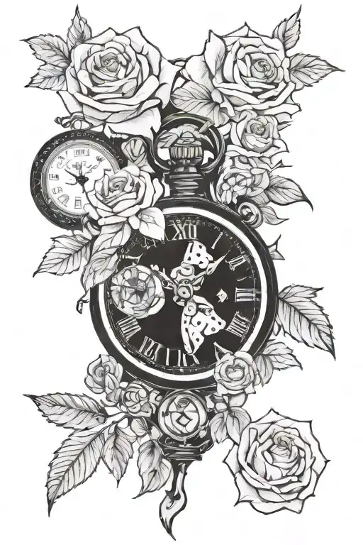 Reyes surrounded by time watches and roses intertwined tattoo design idea