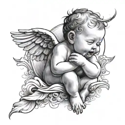 small baby angel is crying in the left, in the right there is a smiling baby angle who is pointing the moon tattoo design idea