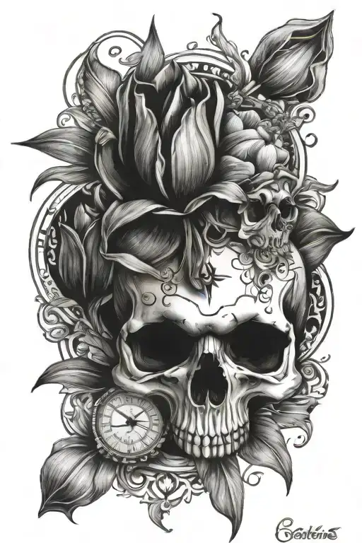 tulips compass skull tattoo design idea