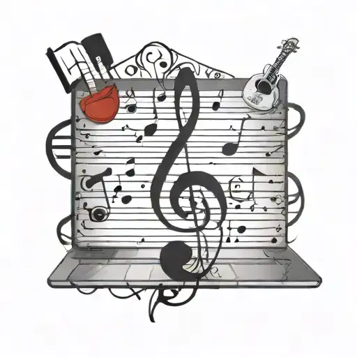 Incorporate a neural network design with musical notes and a laptop tattoo design idea