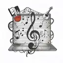 Incorporate a neural network design with musical notes and a laptop tattoo design idea