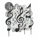 Incorporate a neural network design with musical notes and a laptop tattoo design idea