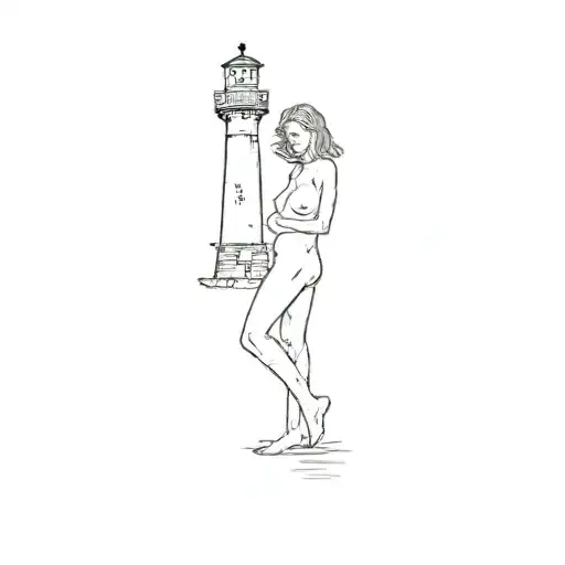 a nude woman standing in front of a lighthouse tattoo design idea