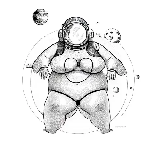 zoomed out. A chubby girl wearing a bikini and an astronaut helmet. She is leaving orbiting planets tattoo design idea