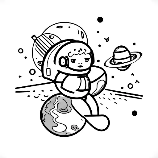 A chubby girl wearing a bikini and an astronaut helmet is leaving orbiting planets tattoo design idea