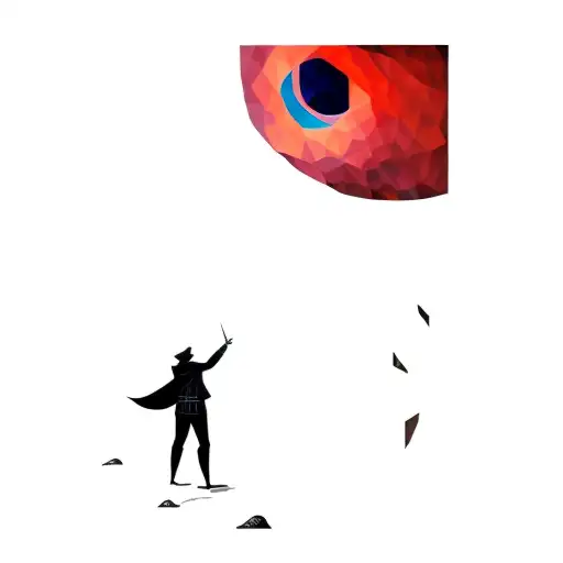 a maestro in a hill, looking at the ocean, there is a island in the horizon with the london eye shining tattoo design idea