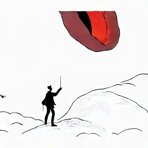 a maestro in a hill, looking at the ocean, there is a island in the horizon with the london eye shining tattoo design idea