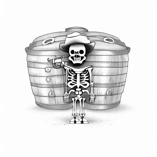 a skeleton cowboy coming out from a burbon barrel, holding a revolver and a burbon bottle  tattoo design idea