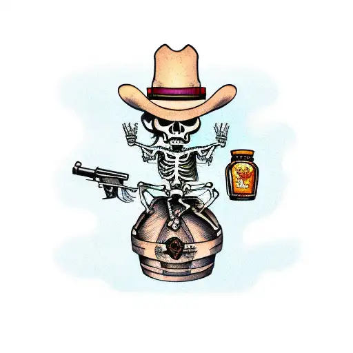 skeleton cowboy  coming out of a bourbon barrel holding a revolver , with a bourbon bottle on the other side tattoo design idea